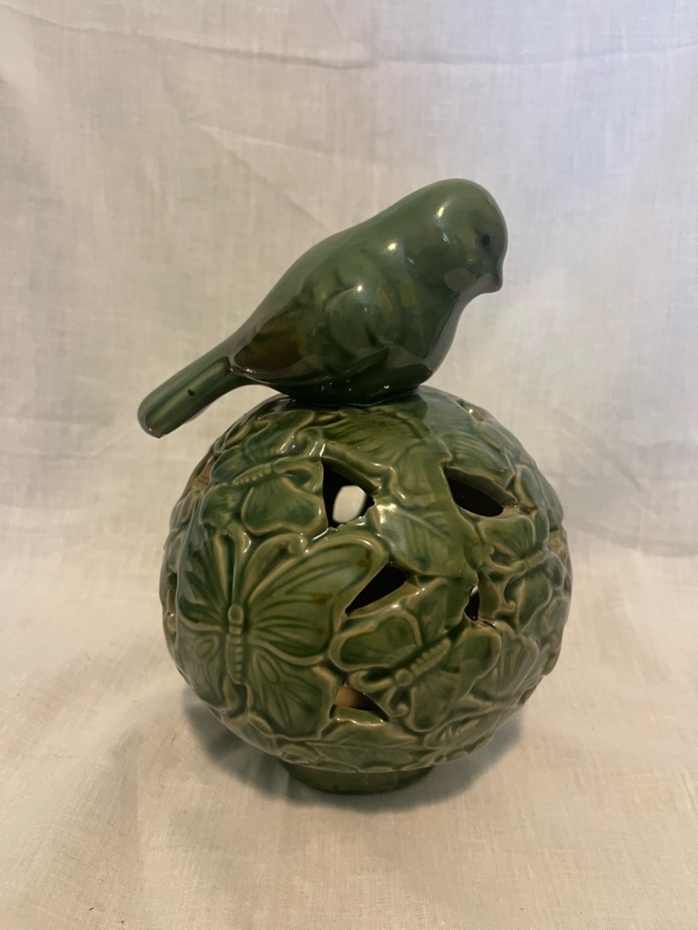 Green Ceramic Bird on Butterfly Ball- Home Accent